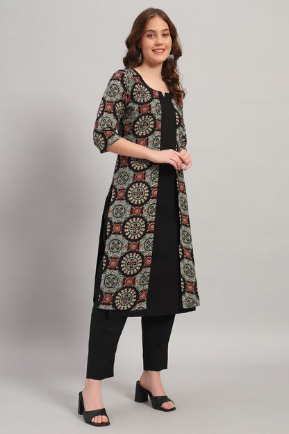 Black Hand block Cotton Kurta Set with Shrug