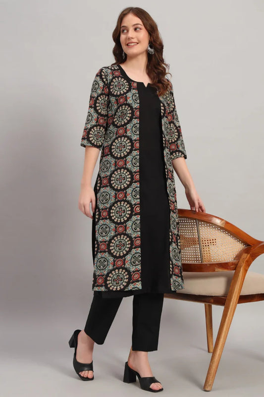 Black Hand block Cotton Kurta Set with Shrug