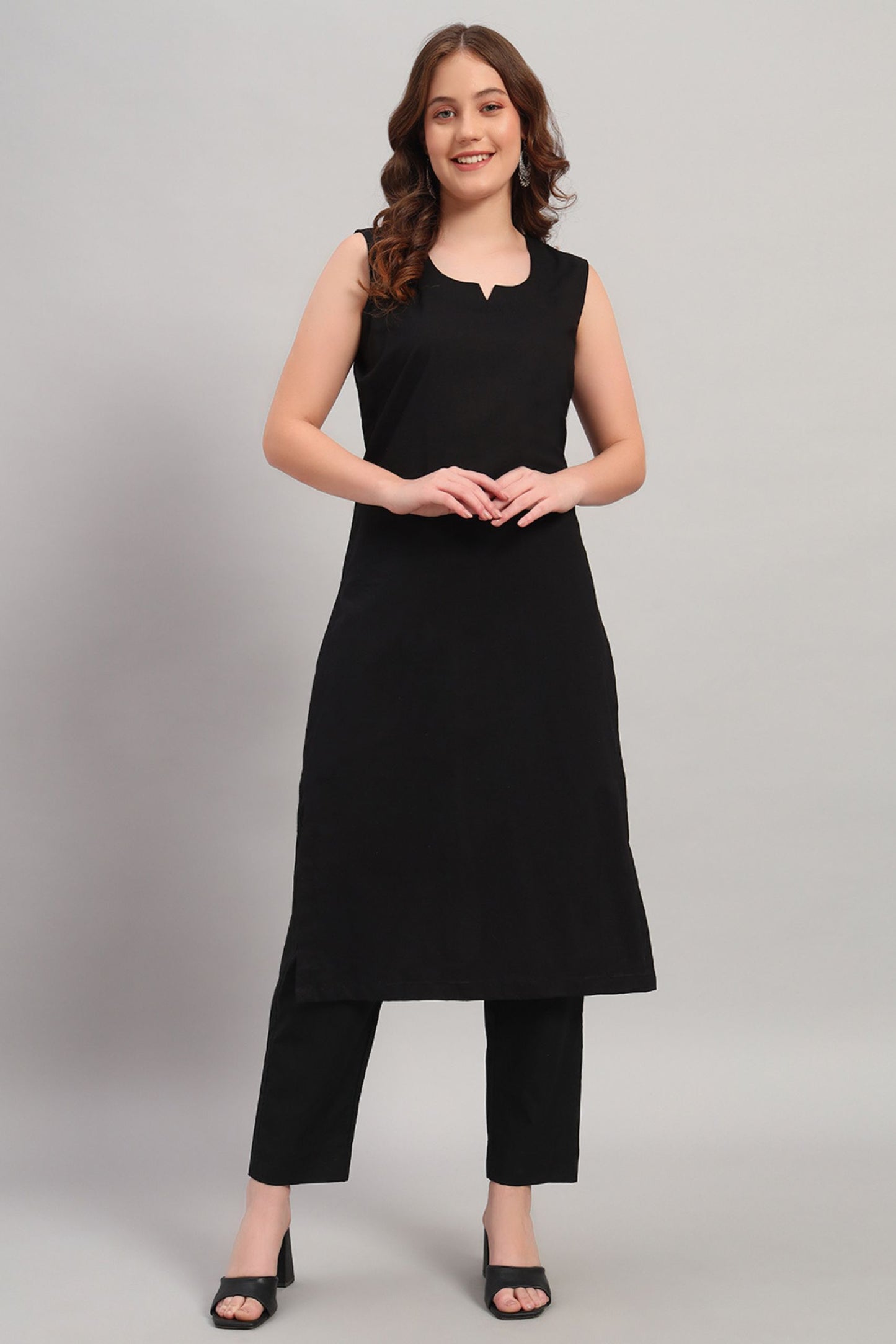 Black Hand block Cotton Kurta Set with Shrug