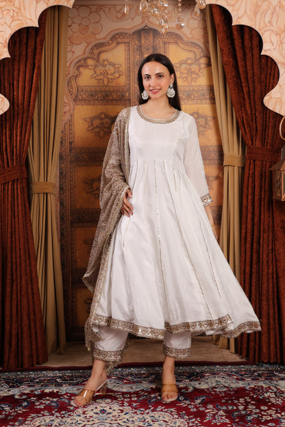White Silk Anarkali Kurta Set With Heavy Dupatta