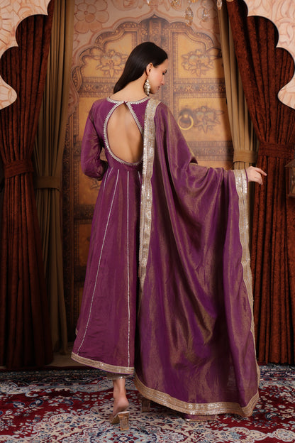 Purple Tissue Silk Anarkali Kurta Set