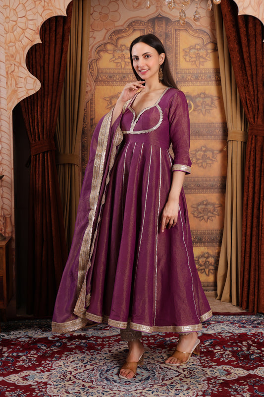 Purple Tissue Silk Anarkali Kurta Set
