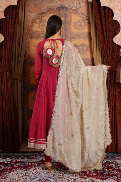Reddish Pink Silk Anarkali Kurta Set