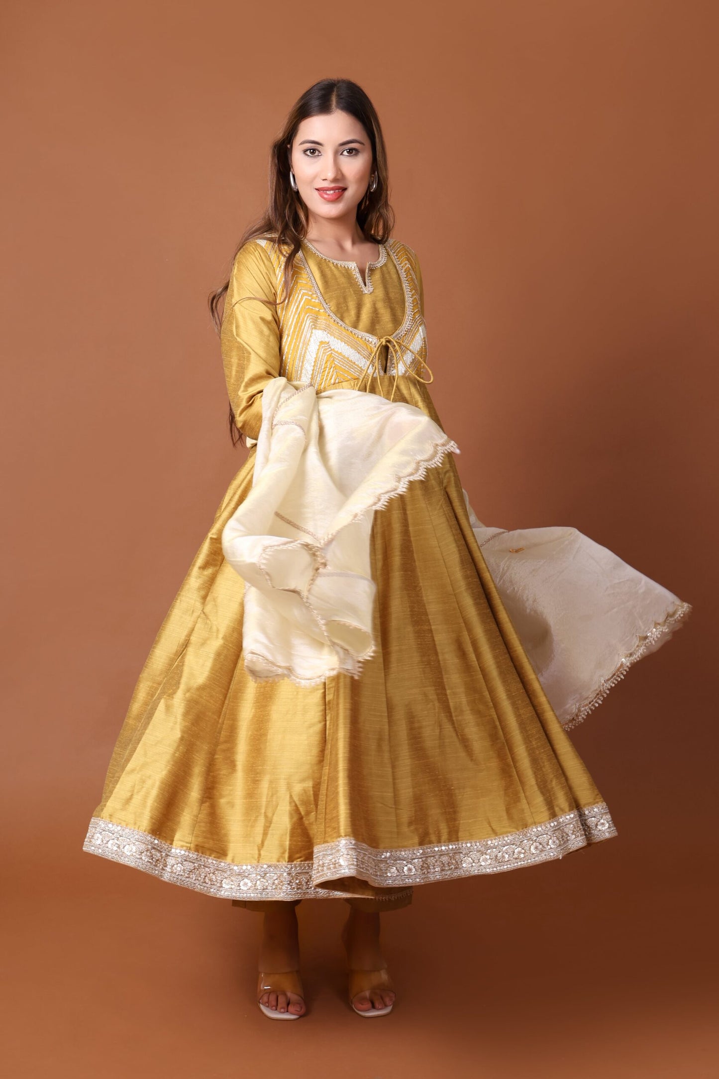 Silk Anarkali Kurta set with Tissue silk dupatta