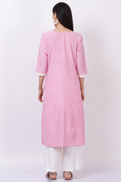 Pink Handloom Cotton Kurti with Palazzo