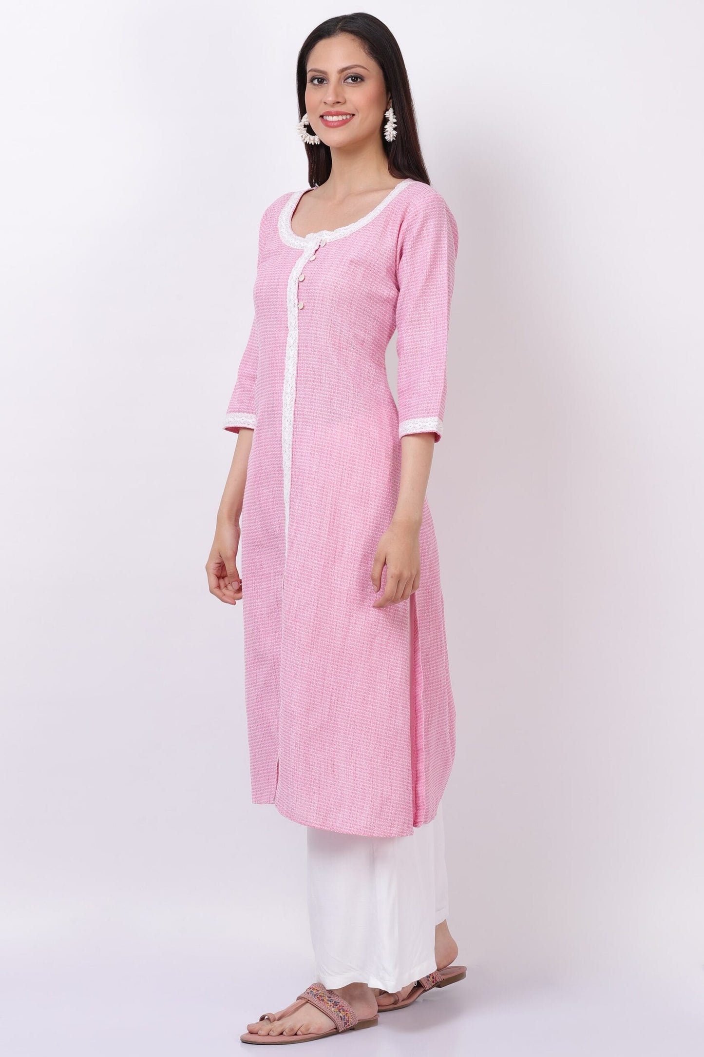 Pink Handloom Cotton Kurti with Palazzo