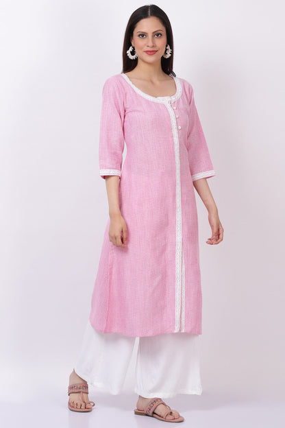 Pink Handloom Cotton Kurti with Palazzo