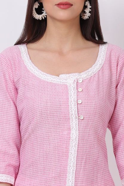 Pink Handloom Cotton Kurti with Palazzo