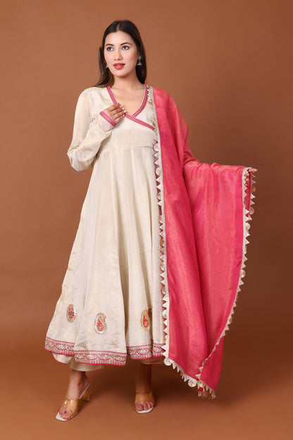Tissue Silk Angrakha Anarkali Kurta Set with Dupatta