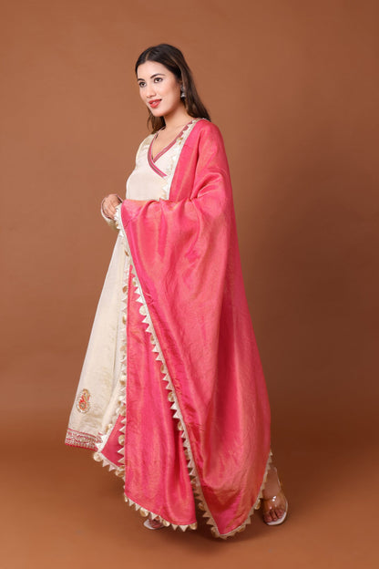 Tissue Silk Angrakha Anarkali Kurta Set with Dupatta