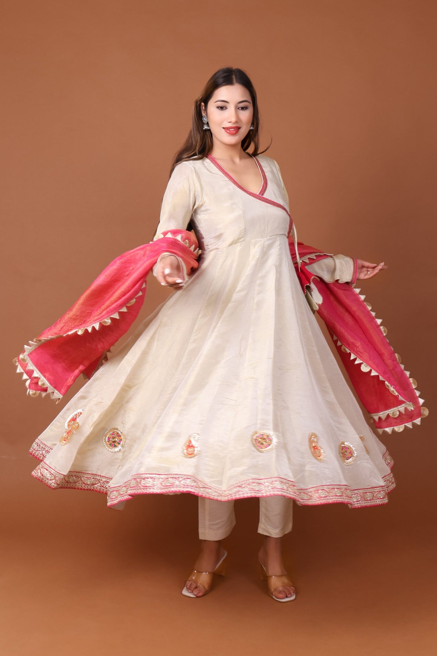 Tissue Silk Angrakha Anarkali Kurta Set with Dupatta