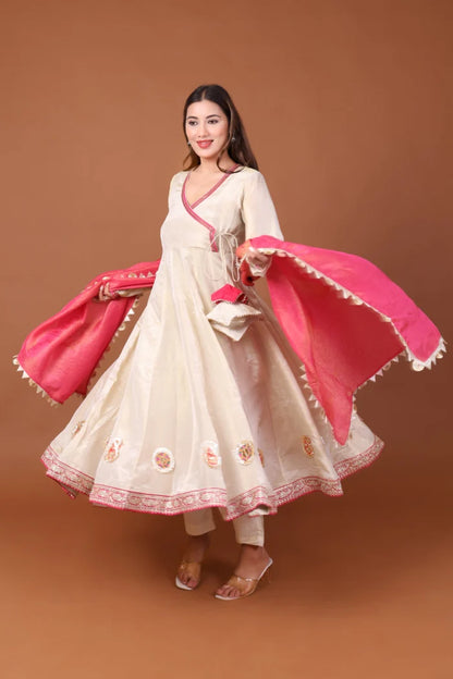 Tissue Silk Angrakha Anarkali Kurta Set with Dupatta