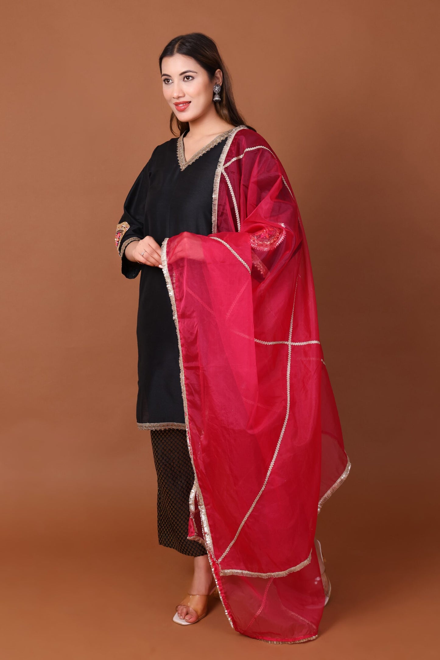 Silk Kurta Set with Brocade Pant and Orgenzza Dupatta