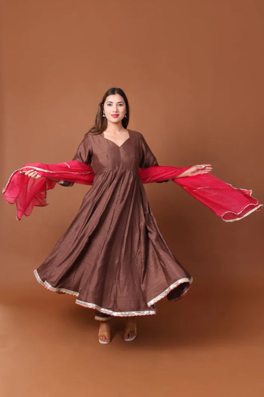Satin Dupion Anarkali kurta Set with Dupatta