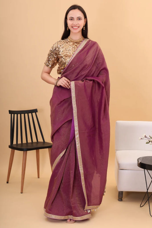 Wine Tissue silk saree with embroidery blouse