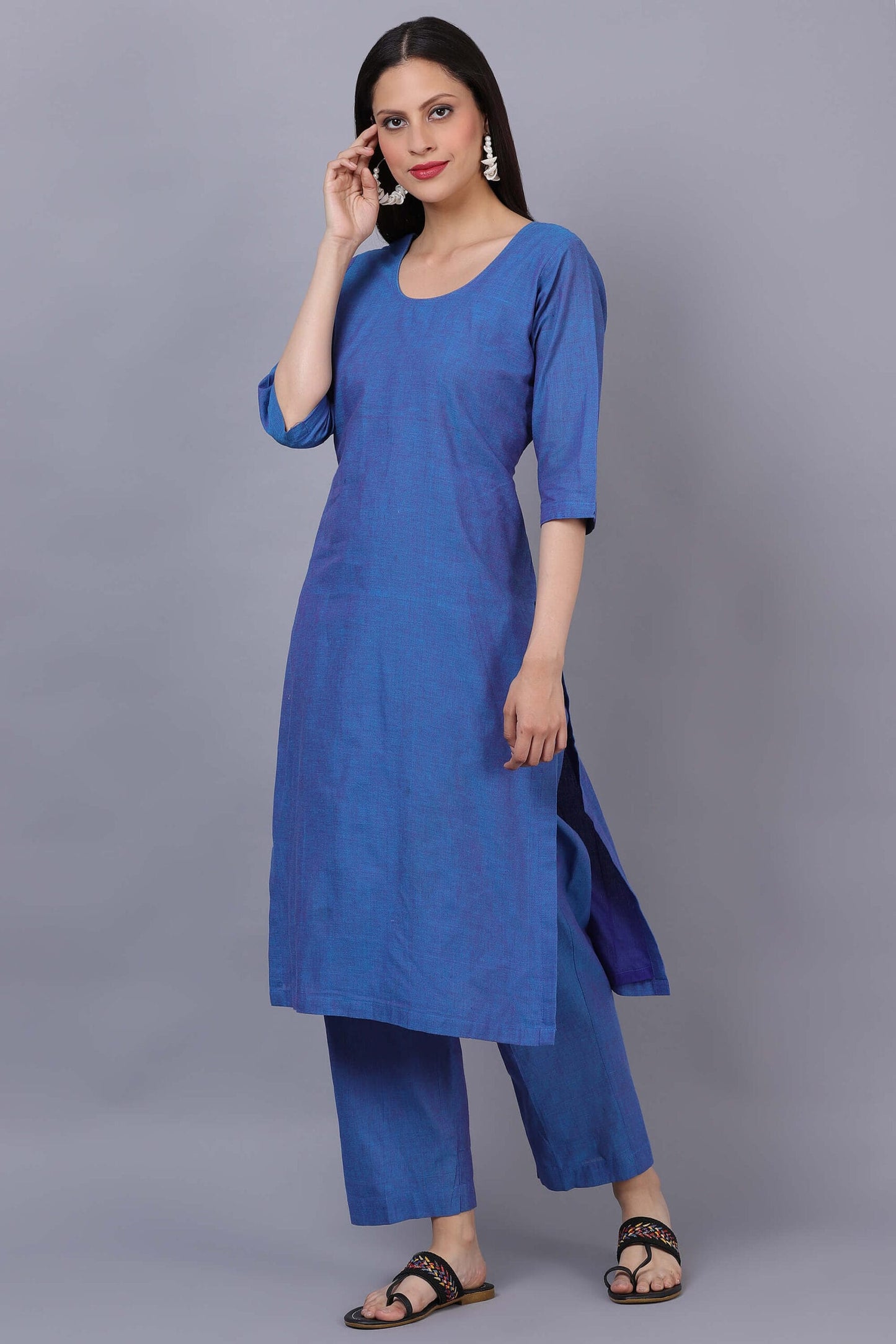 Blue Cotton Kurta Set with Phulkari Dupatta