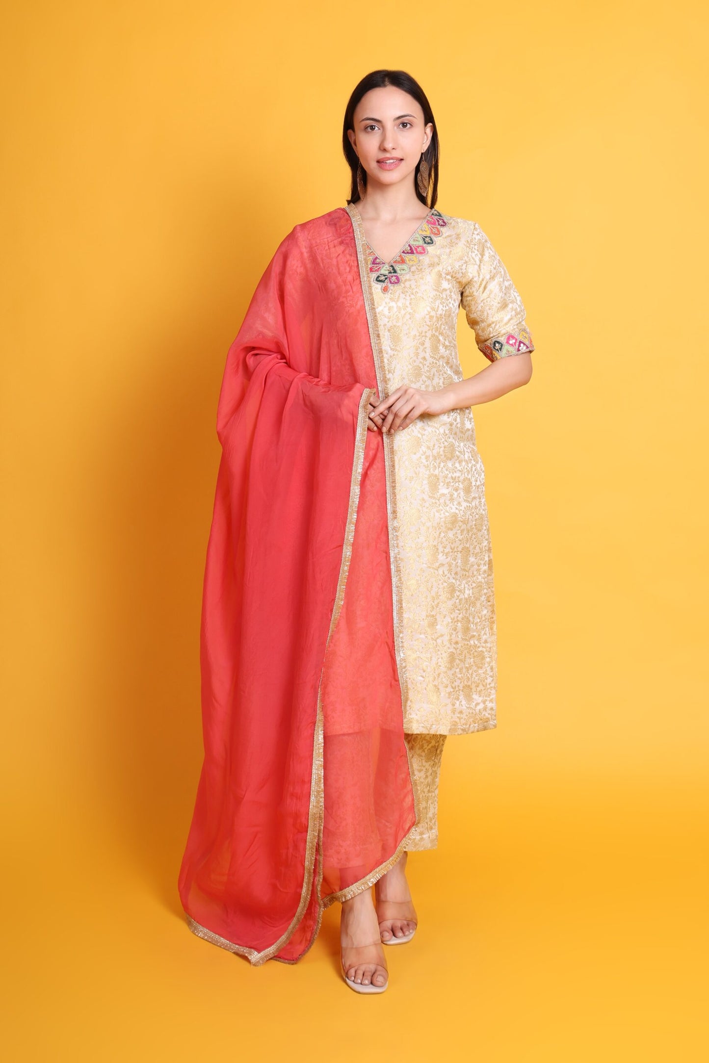 Banarasi silk kurta with Pant and Lace Work