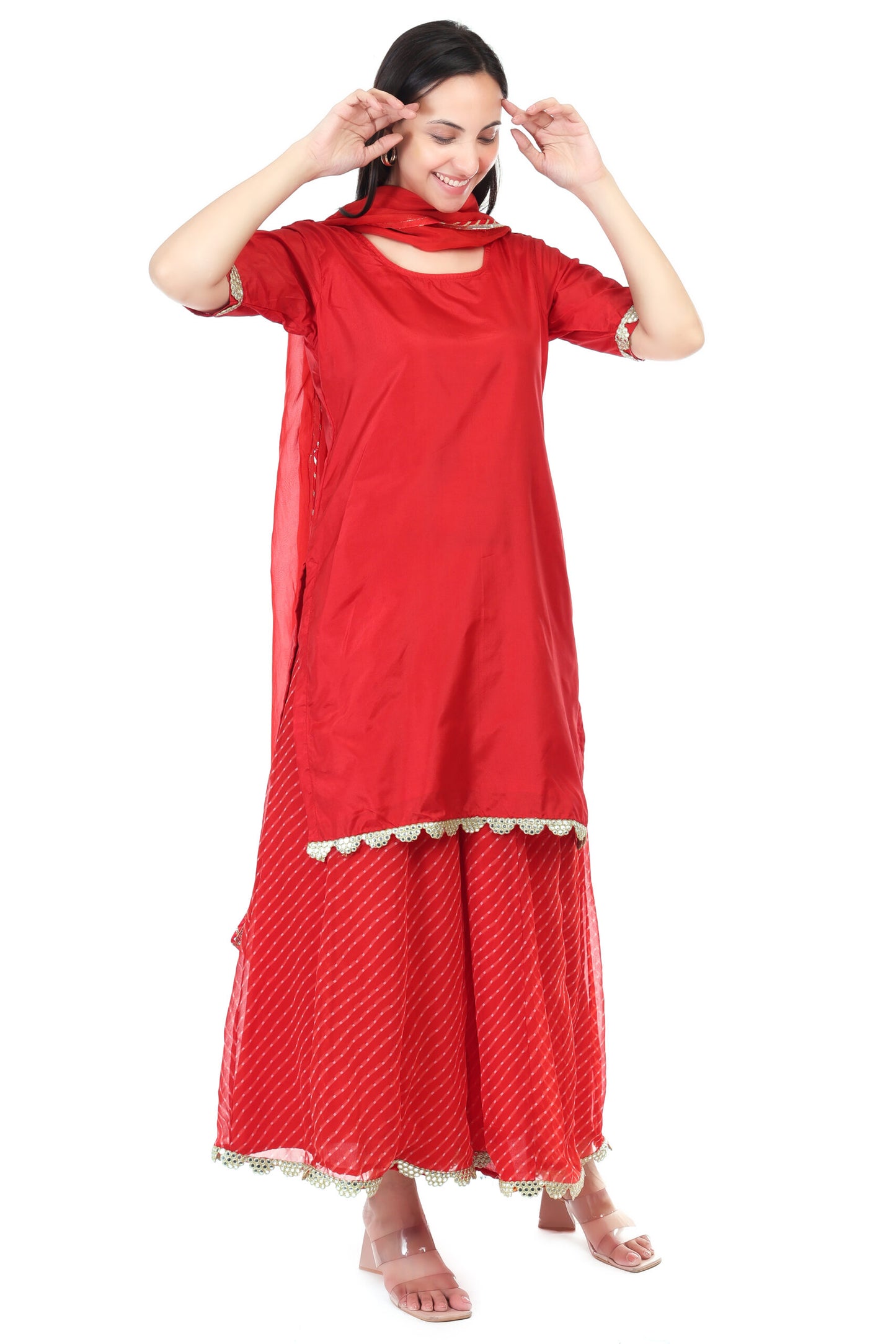 Silk kurta with georgette sharara and orgenzza dupatta