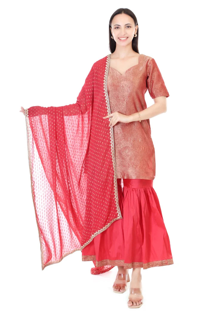 wrinkle tissue silk kurta with tafta silk sharara and georgette dupatta