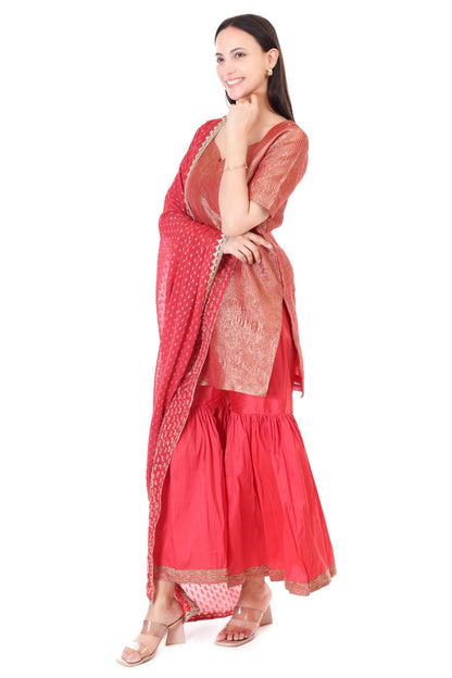 wrinkle tissue silk kurta with tafta silk sharara and georgette dupatta
