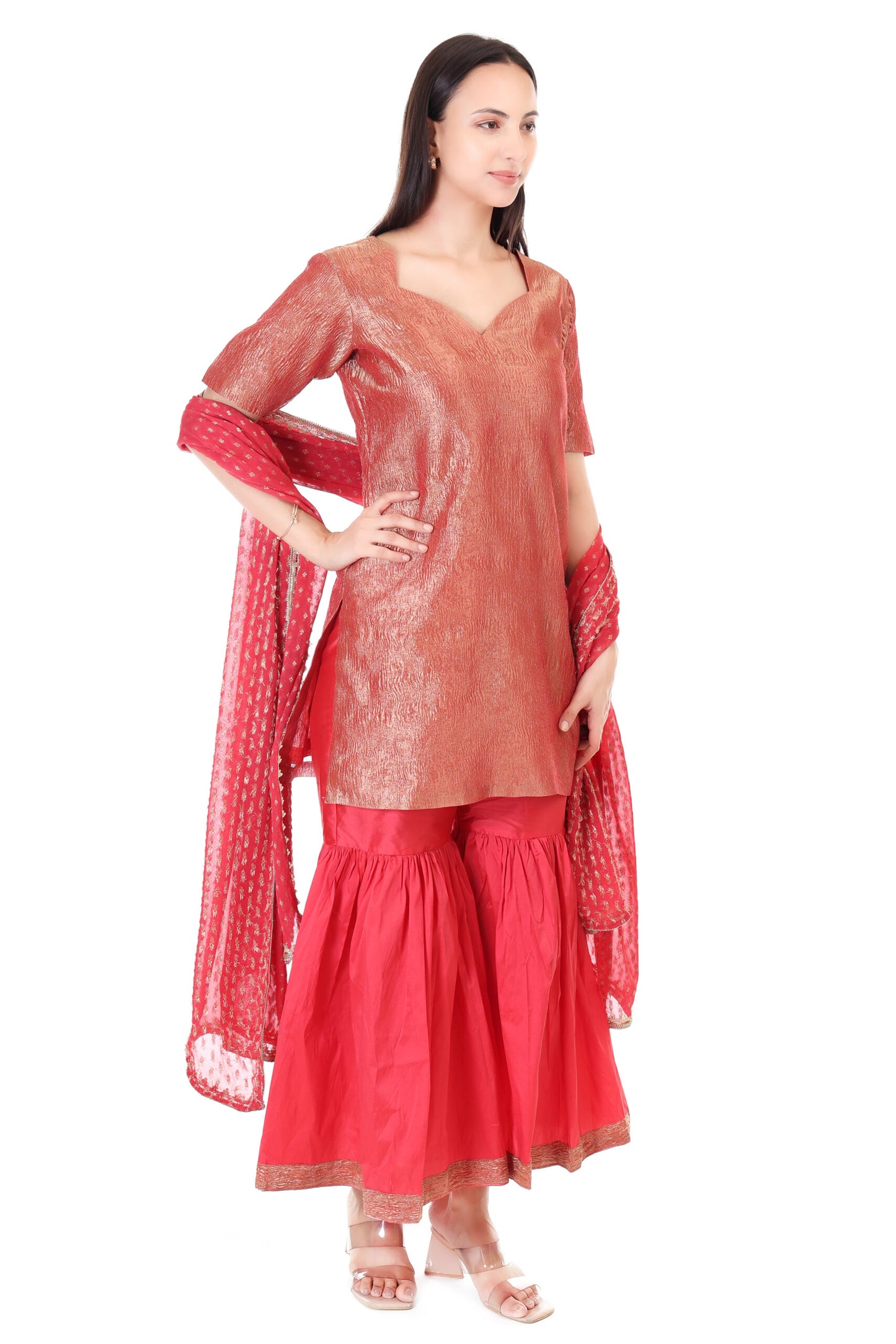 wrinkle tissue silk kurta with tafta silk sharara and georgette dupatta