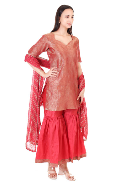 wrinkle tissue silk kurta with tafta silk sharara and georgette dupatta