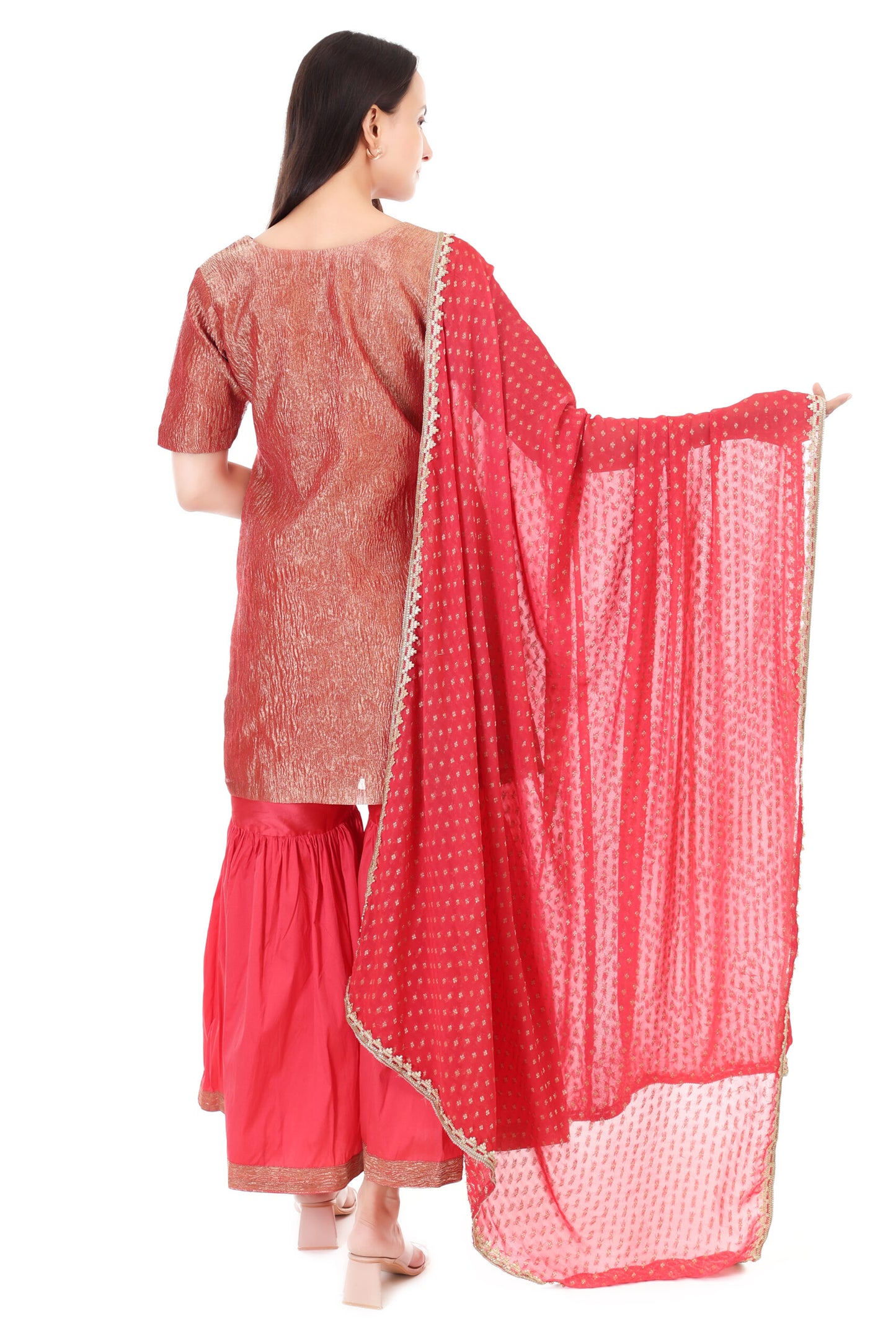 wrinkle tissue silk kurta with tafta silk sharara and georgette dupatta