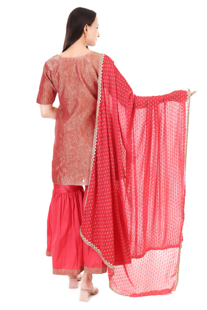 wrinkle tissue silk kurta with tafta silk sharara and georgette dupatta