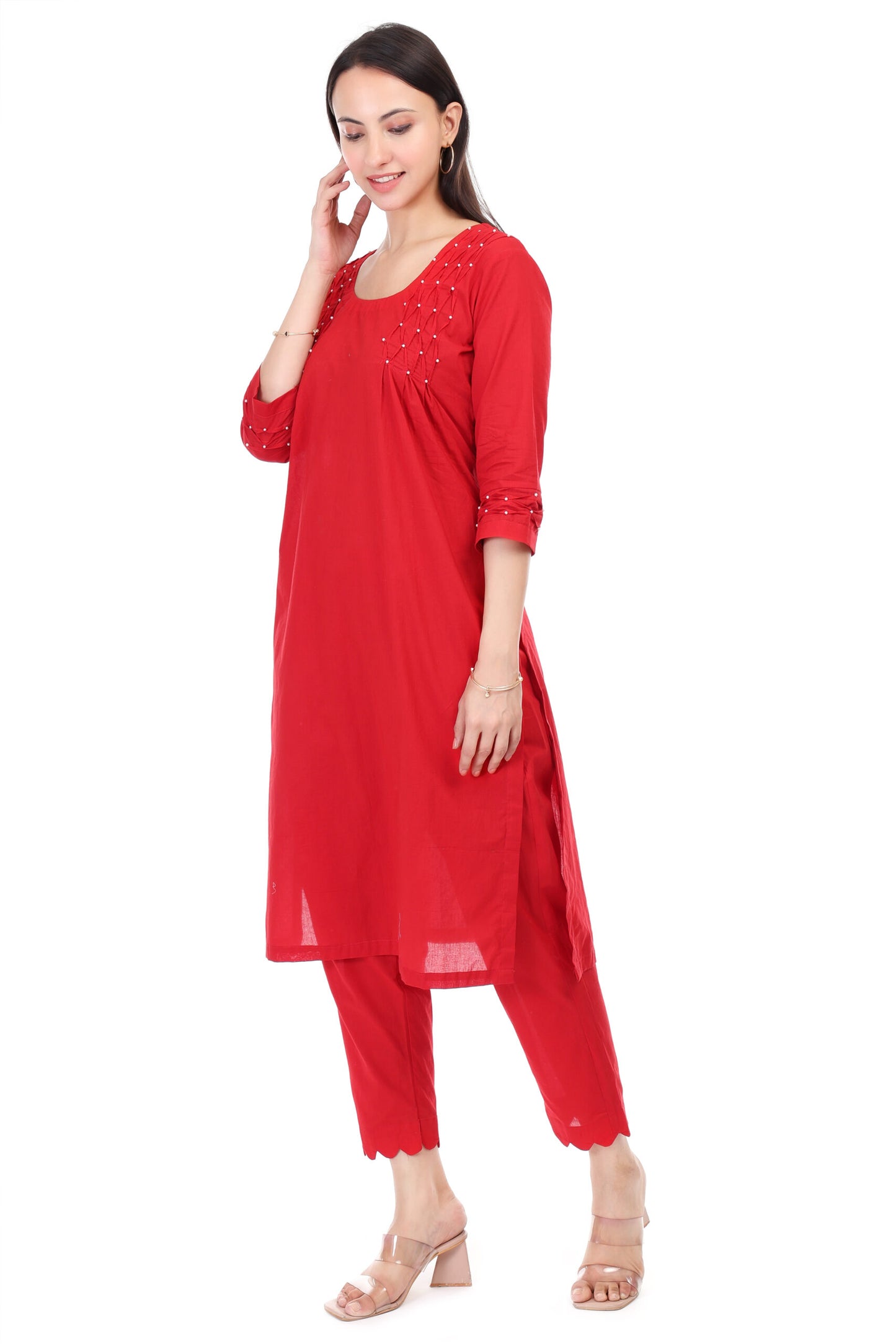 Cambric cotton kurta set with pearl embroidery