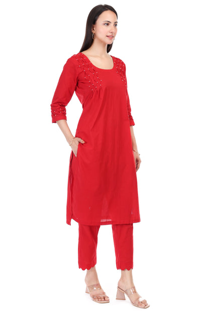 Cambric cotton kurta set with pearl embroidery