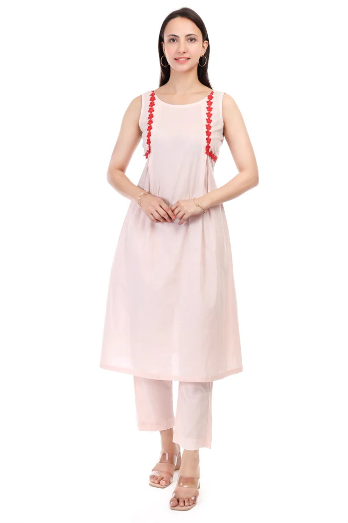 Cambric cotton sleeveless kurta set with lace work