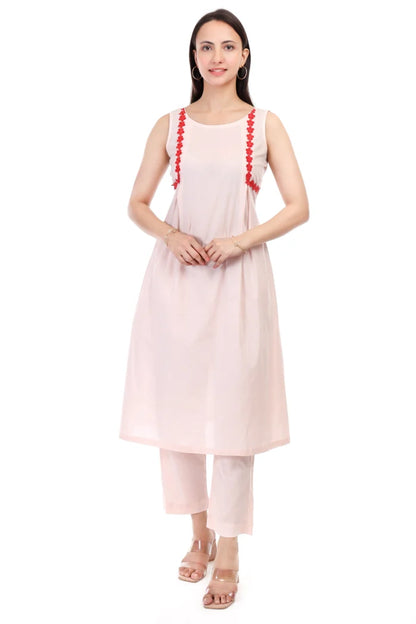Cambric cotton sleeveless kurta set with lace work