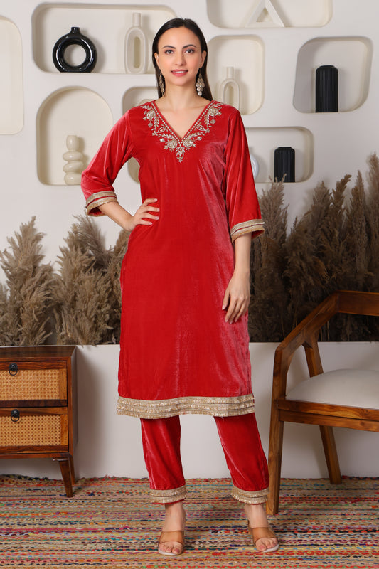 Hand Embroided Velvet Kurta Set
