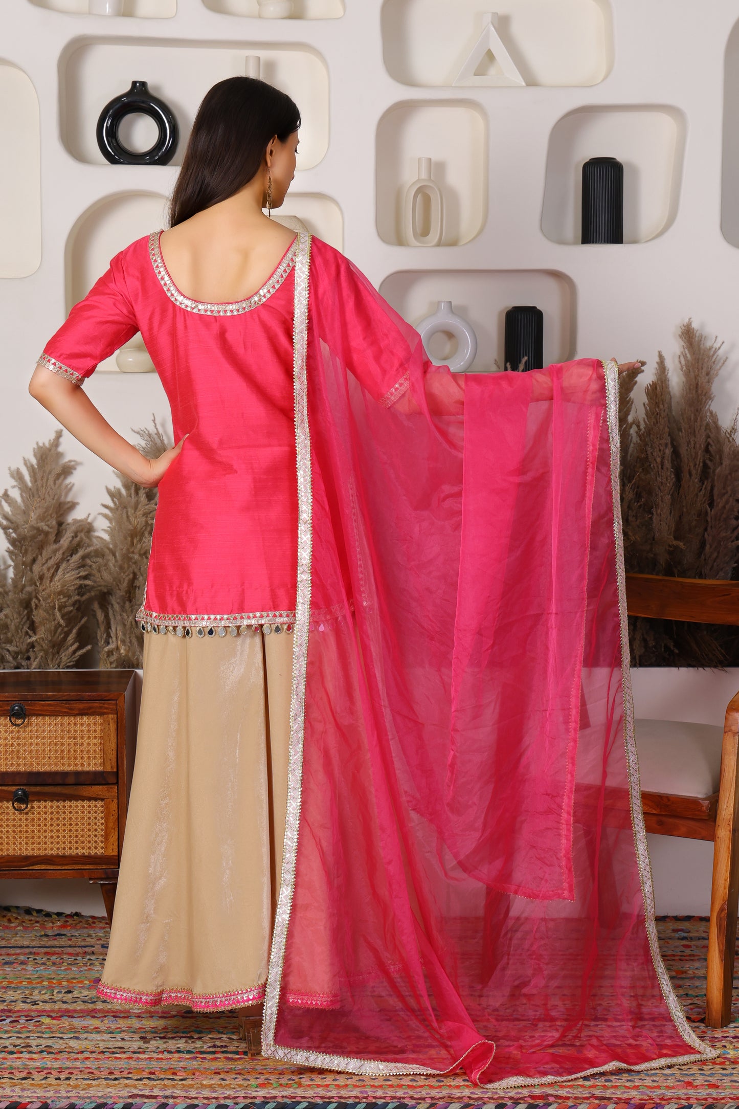 Silk Kurta with Velvet Sharara and Organza Dupatta