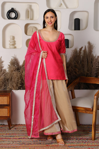 Silk Kurta with Velvet Sharara and Organza Dupatta