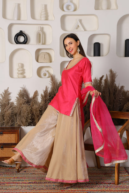 Silk Kurta with Velvet Sharara and Organza Dupatta