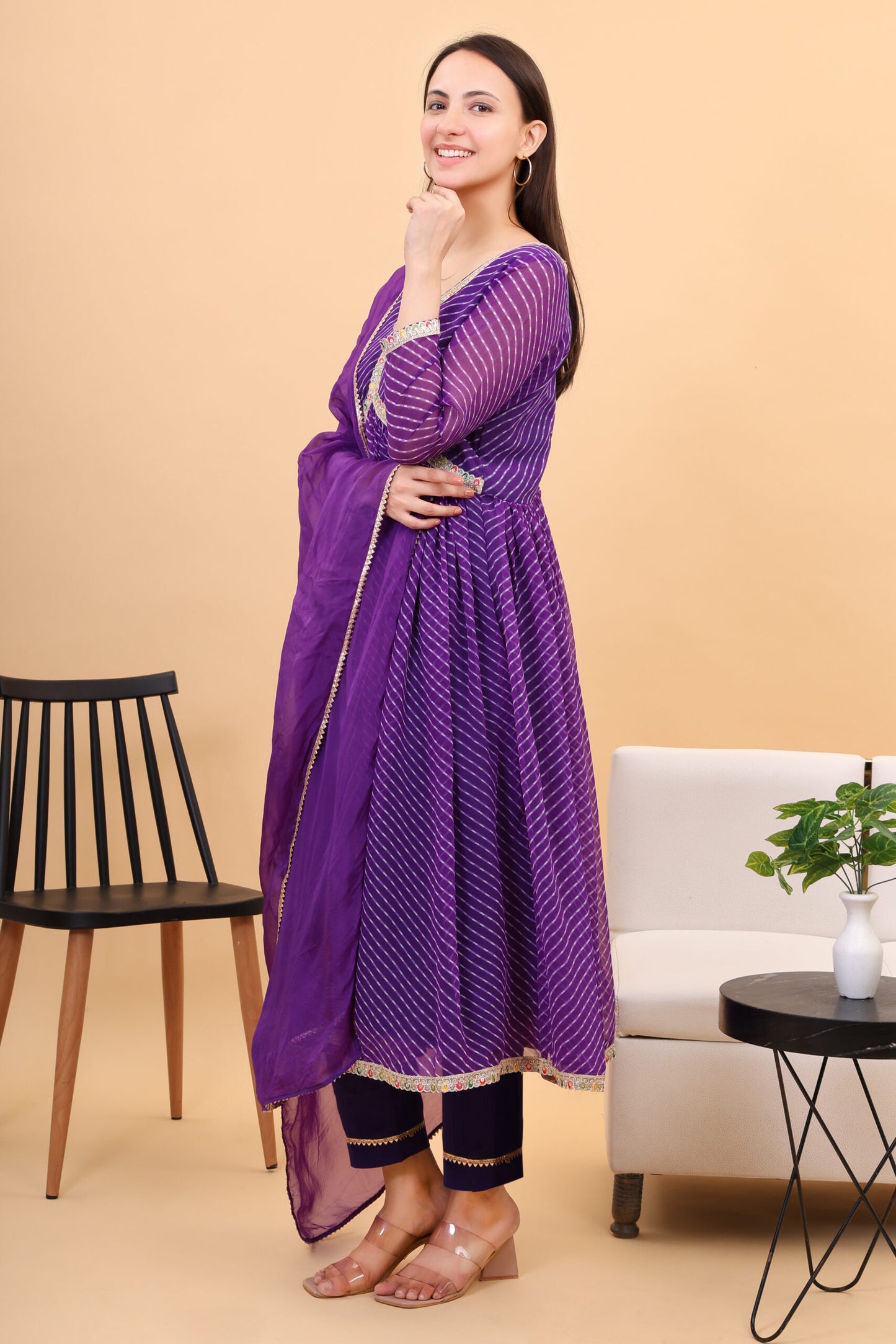 Georgette lehria anarkali set with orgenzza dupatta