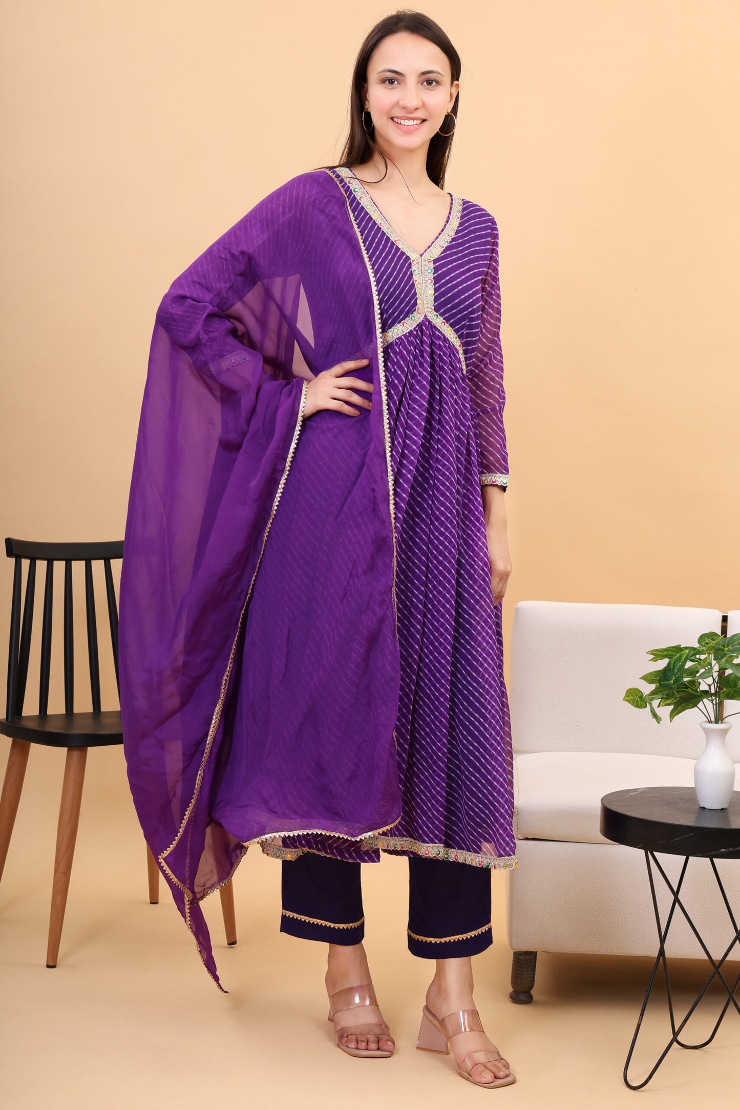 Georgette lehria anarkali set with orgenzza dupatta