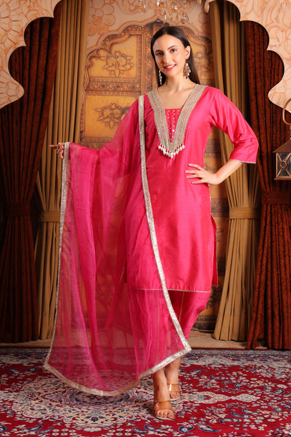 Silk Kurta Dhoti Set with Organza Dupatta