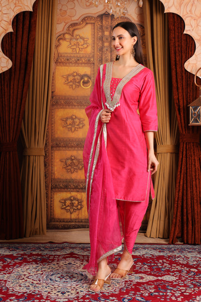 Silk Kurta Dhoti Set with Organza Dupatta