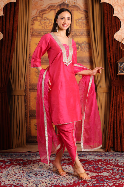 Silk Kurta Dhoti Set with Organza Dupatta