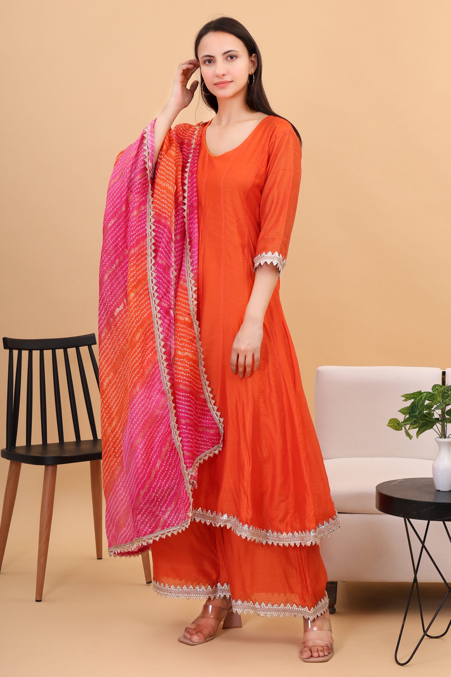 Chanderi silk Anarkali set with Kotadoria Dupatta