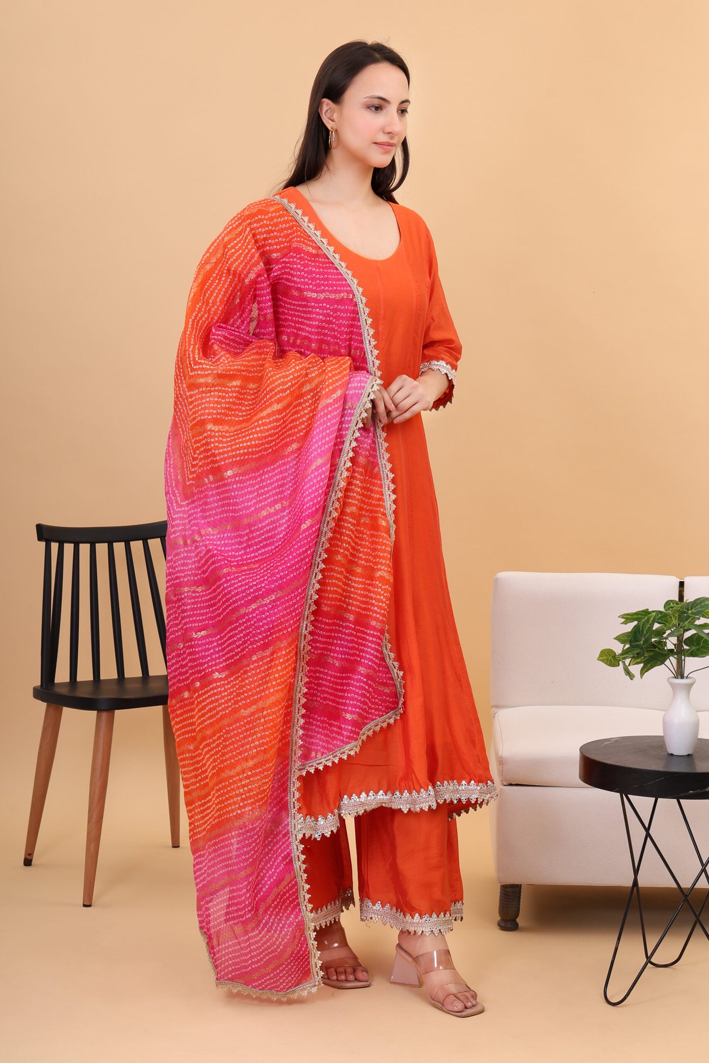 Chanderi silk Anarkali set with Kotadoria Dupatta