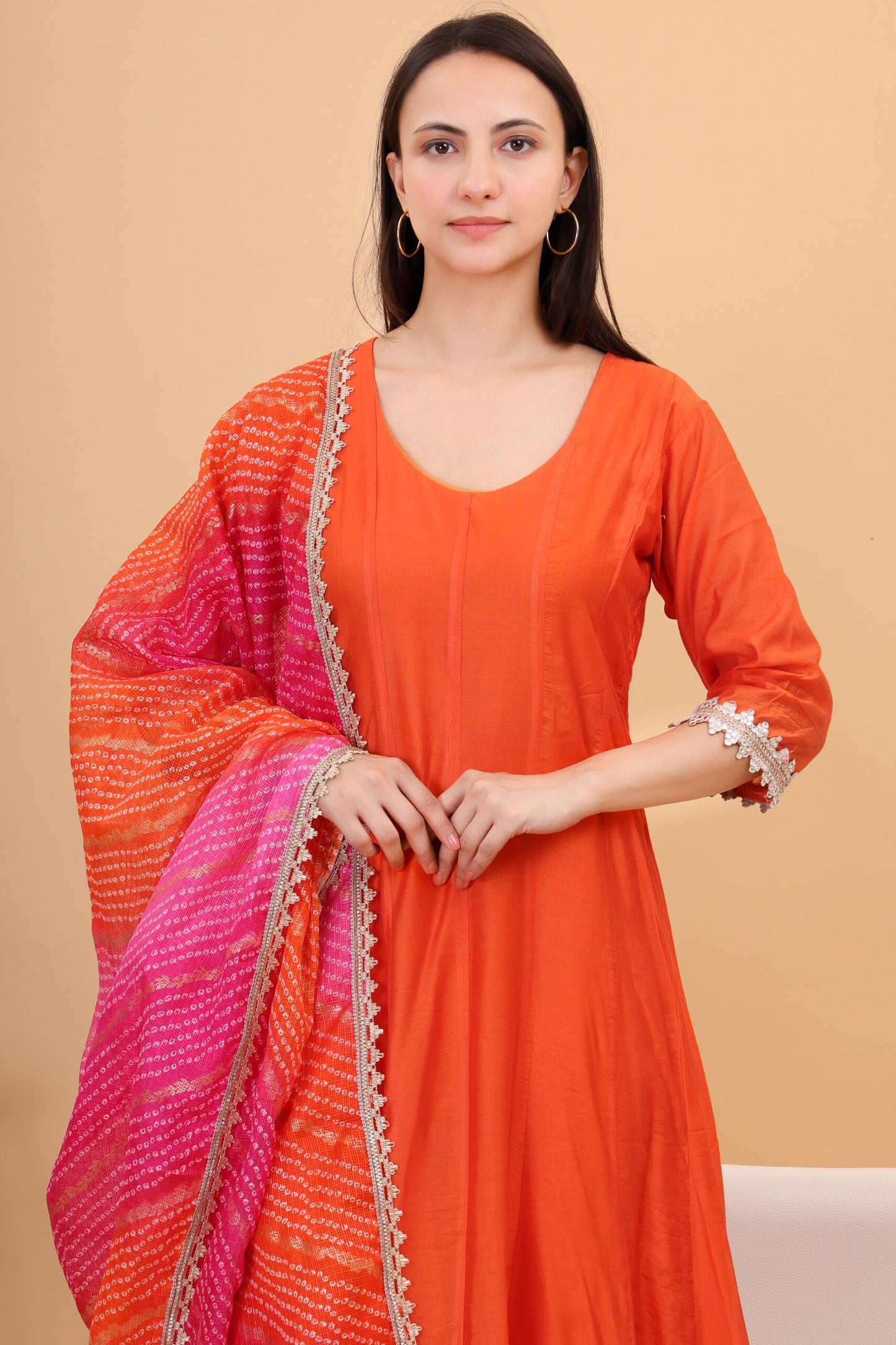 Chanderi silk Anarkali set with Kotadoria Dupatta