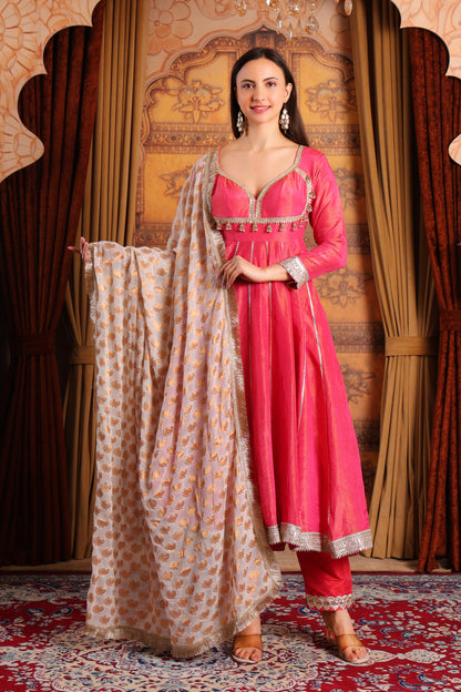 Pink Tissue Silk Anarkali Kurta Set