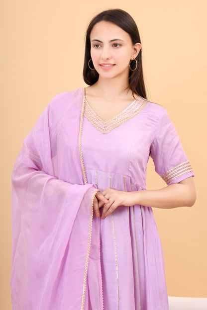Muslin lilac anarkali set with orgenzza dupatta