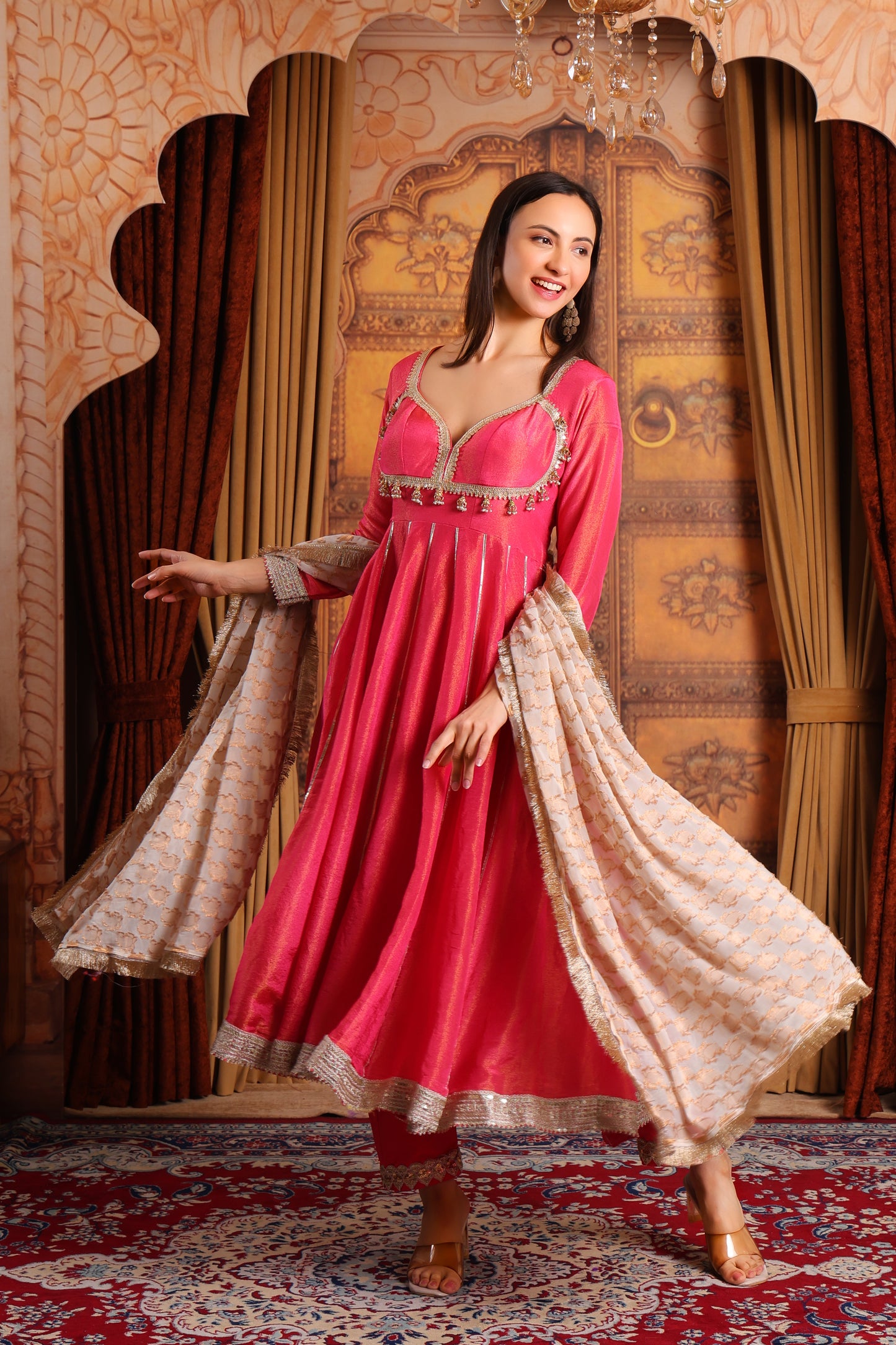 Pink Tissue Silk Anarkali Kurta Set