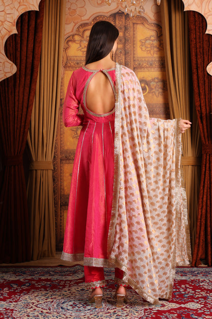 Pink Tissue Silk Anarkali Kurta Set