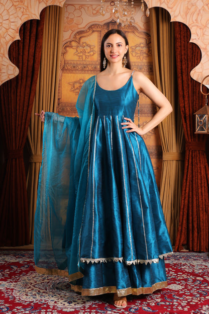 Double Layered Raw Silk Anarkali with Organza Dupatta