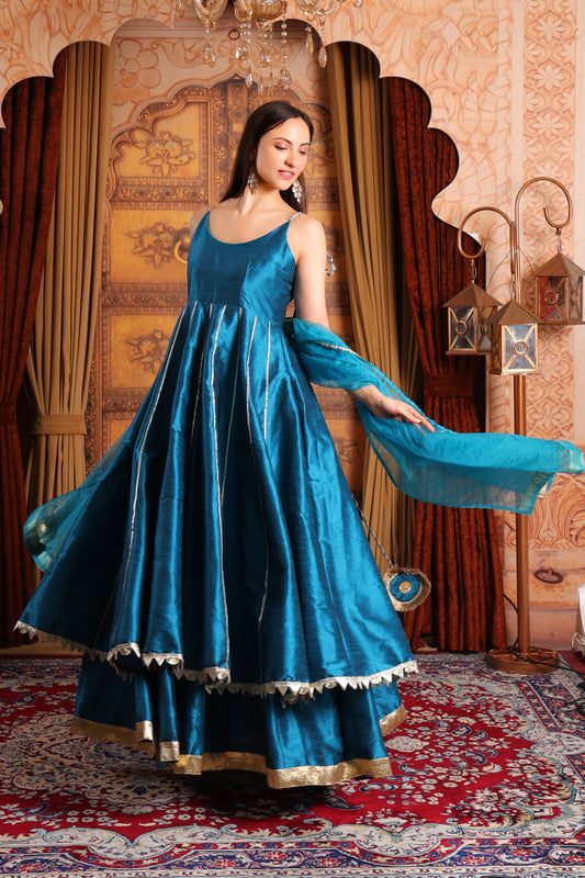 Double Layered Raw Silk Anarkali with Organza Dupatta